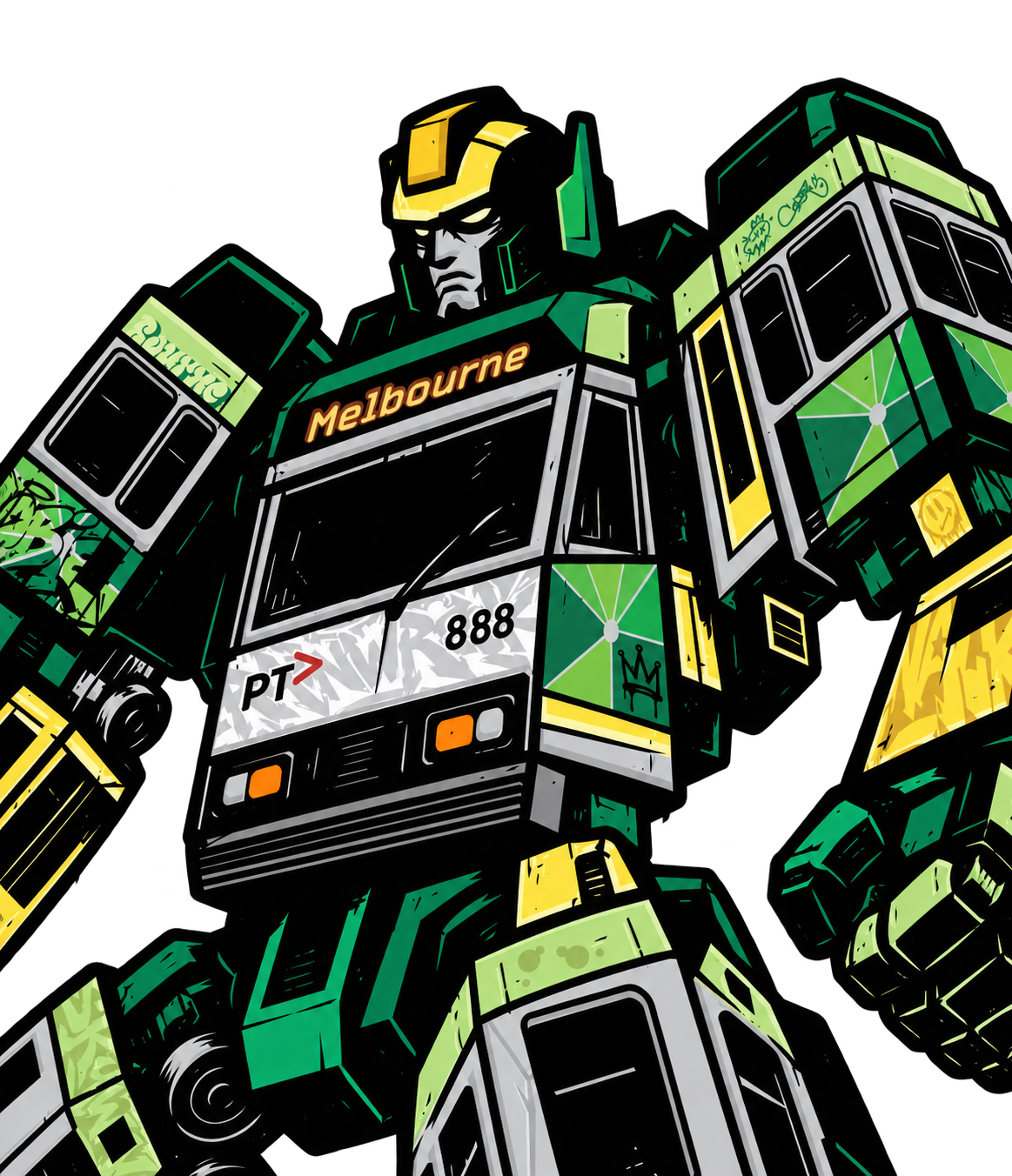 A bold black, green and yellow robot built from Melbourne trams