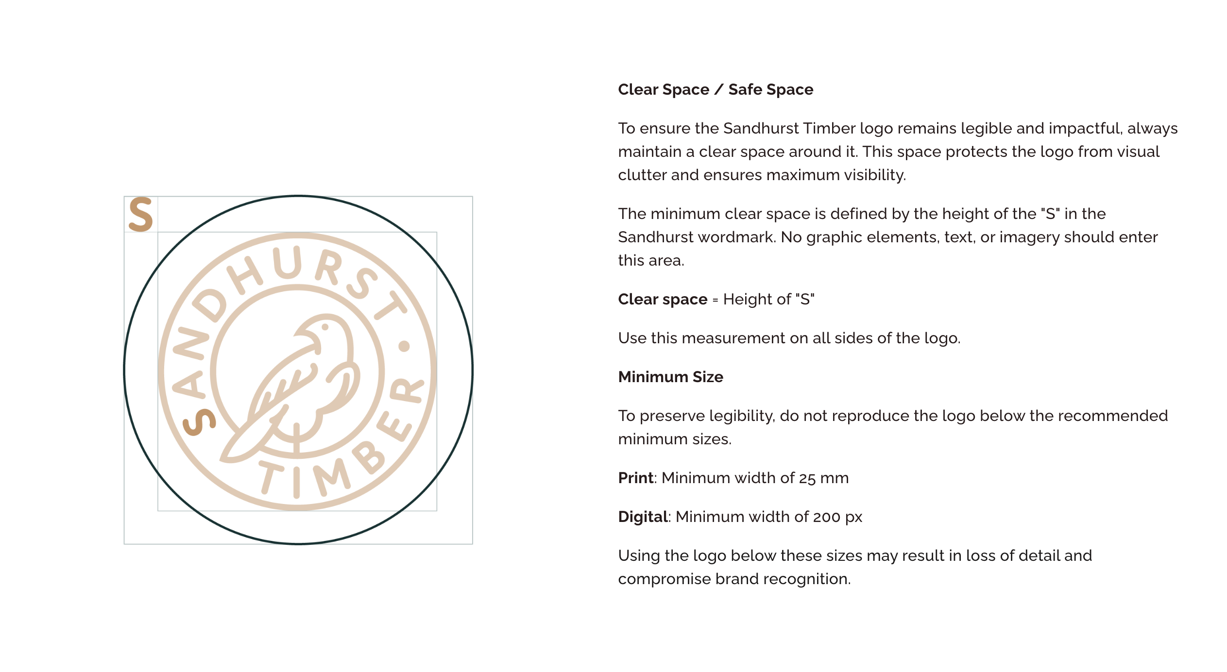 Sandhurst Timber logo clear-space and minimum-size guidelines